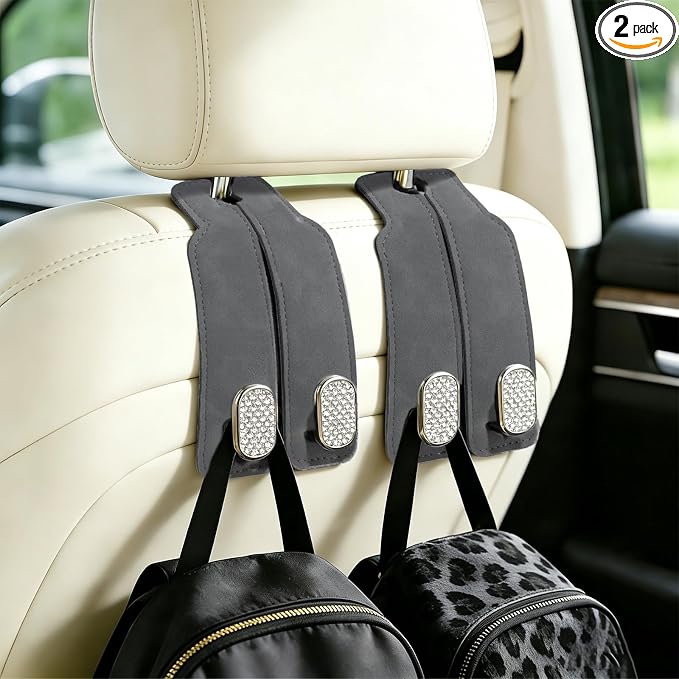 Car Hooks for Headrest: 2Pc Car Seat Back Storage Headrest Hook - Premium Leather Double Metal Hook - Purse Hook For Car Headrest - Car Headrest Hooks for Purses, Handbags, Bags - Grey Diamond
