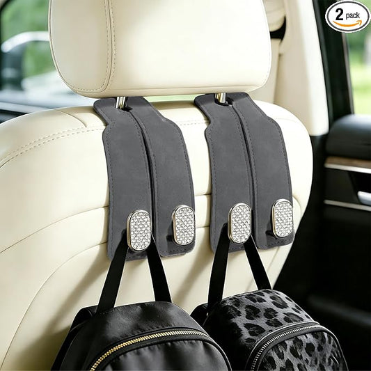 Car Hooks for Headrest: 2Pc Car Seat Back Storage Headrest Hook - Premium Leather Double Metal Hook - Purse Hook For Car Headrest - Car Headrest Hooks for Purses, Handbags, Bags - Grey Diamond