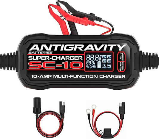 Antigravity SC-10 Super-Charger 10A Smart Battery Charger & Maintainer for 6V/12V Lithium (LiFePO4) & 12V Lead-Acid Batteries – Wall-Powered, LCD Display, Power Supply Mode, BMS Reset