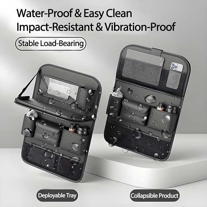 2 Pack Leather Car Backseat Organizer with Foldable Table Tray, Universal Car Seat Back Protector Kick Mat with Touchscreen Tablet Holder, Storage Pockets, Cup Holders & Tissue Holder, Black