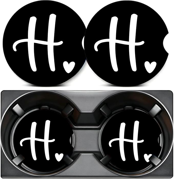 2PCS Letter H Car Cup Holder Coasters,Simple Initial Car Coasters Cars Accessories Interior Decor Universal Neoprene 2.75" Anti-Slip Rubber Mat with Finger Slot,Monogram Gifts for Women, Men, Driver