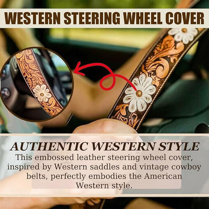 Western Cowboy Steering Wheel Cover - Retro Tooled Leather, Embossed Hand-Painted Design, Universal 15 Inch Anti-Slip Cover for SUV, Truck, Car, Breathable All-Weather, Easy to Install (Style-E)