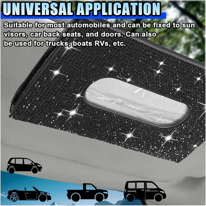 Bling Car Sun Visor Tissue Box Holder, PU Leather Auto Paper Towel Cover, Glitter Crystal Rhinestone Napkin Holder, Car Decoration Accessories for Women (Black)
