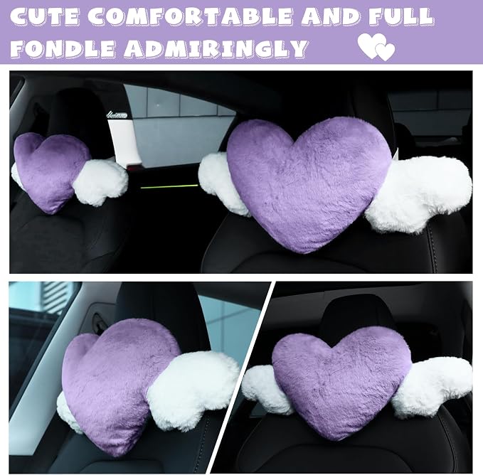 Macarrie 2 Pcs Plush Heart Shaped Pillow with Angel Wings Car Headrest Soft Comfortable Seat Pillow for Driving Travelling Room Office Car Decor, 19.7 x 8.3 Inch(Purple)
