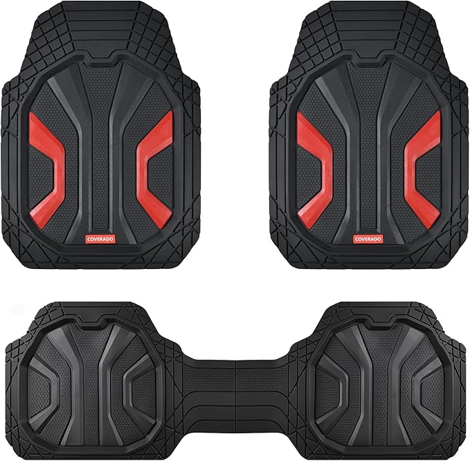 Coverado Car Mats Full Set, Car Floor Mats All Weather, Deep Dish Waterproof Floor Mat, Trim to Fit Automotive Car Mats, Universal Weather Mats for Cars SUV Trucks Sedans Vans (3Pcs,Black&Red)