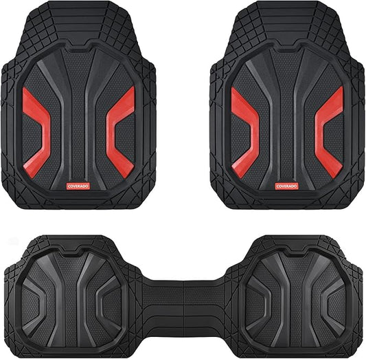 Coverado Car Mats Full Set, Car Floor Mats All Weather, Deep Dish Waterproof Floor Mat, Trim to Fit Automotive Car Mats, Universal Weather Mats for Cars SUV Trucks Sedans Vans (3Pcs,Black&Red)