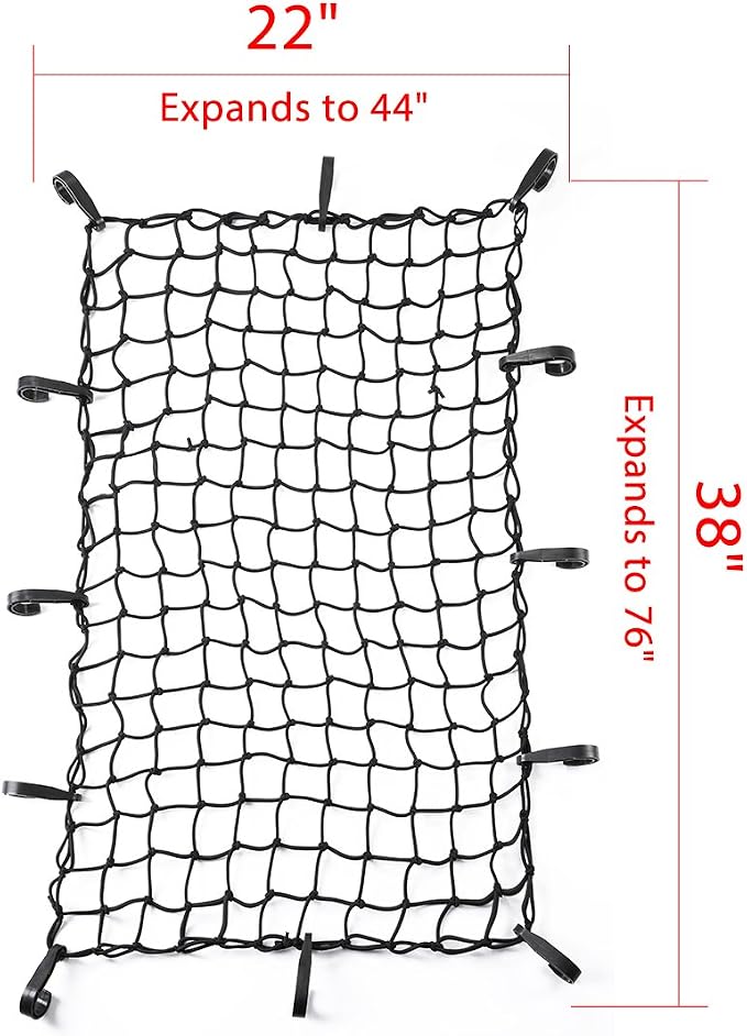 CZC AUTO 22"x38" Black Latex Bungee Cargo Net Strech to 44"x76", Luggage Netting with 2"X2" Small Mesh and 12 Adjustable Plastic Hooks for Rooftop Cargo Carrier Roof Rail Rack Hitch Basket SUV, 2 Pack