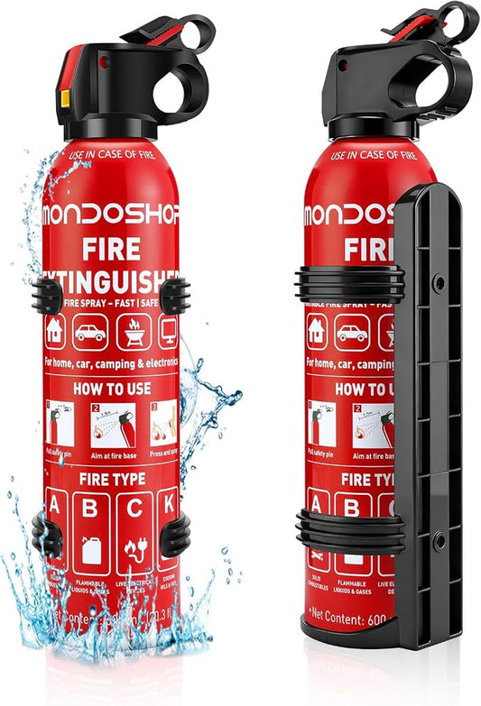 Mondoshop Portable Small Fire Extinguisher for Home and Car (600ML, 2Pack) | UL-Certified, Water-Based for A/B/C/K Fires, Non-Toxic, Eco-Friendly, Wall Mount, for vehicle, RV, Camping, Boat & Kitchen