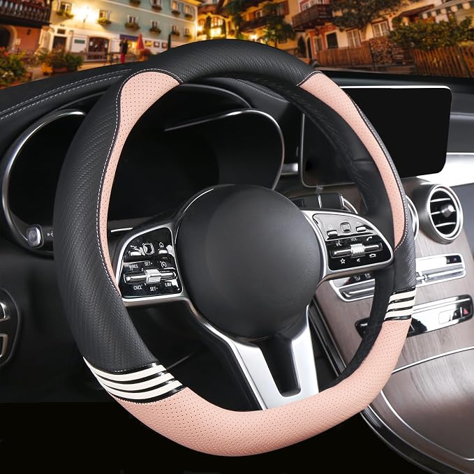 14 inch Cute Leather D Shape Steering Wheel Cover Black Pink | Breathable Faux Leather and Carbon Fiber Flat Bottom Car Accessories for Women Men Small 13.5 inch to 14 inch