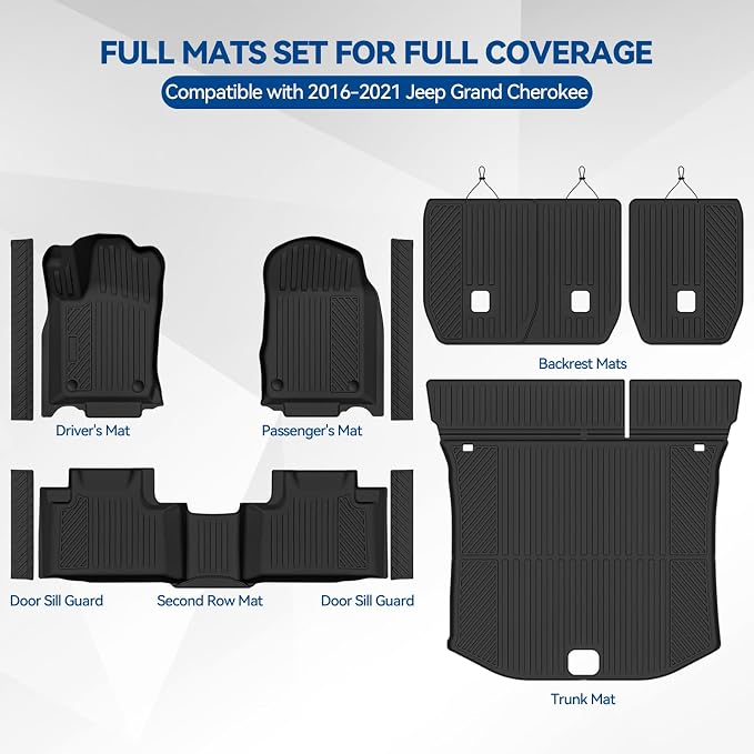 Custom Fit Floor Mats for 2016-2021 Jeep Grand Cherokee, All Weather TPE Floor Liners with Trunk Mat & Backrest Protectors & Door Sill Guard, Odorless Full Set Interior Accessories
