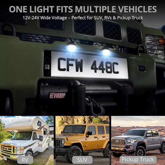 Justech 4 PCS 3 LED License Plate Lights, 12V-24V IP65 Waterproof Round Trailer License Plate Light Assembly, Shock Resistant Tag Lamp with 8 Screws for Trucks, Vans, RVs, Caravans, Lorries - Silver