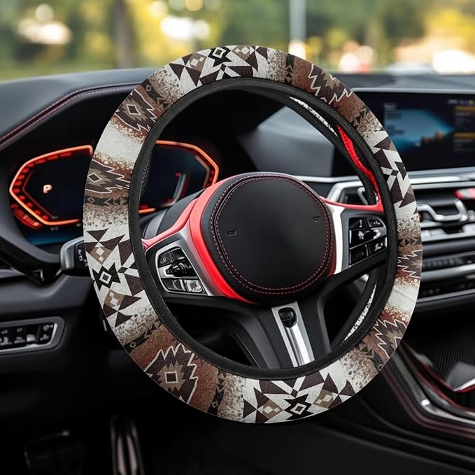 Wanyint Southwest Aztec Navajo Brown Auto Steering Wheel Cover Universal 15 Inch Anti-Slip Neoprene Southwest Tribal Car Steering Wheel Protector for Women Men