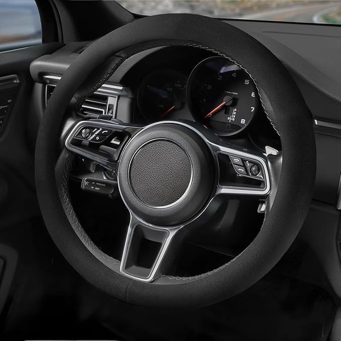Suede Steering Wheel Cover with Upgraded Silicone Inner Ring, Anti Heat, Breathable, Anti-Slip, Leather Universal 14.5 to 15 inch Steering Wheel Cover (Pure Black)