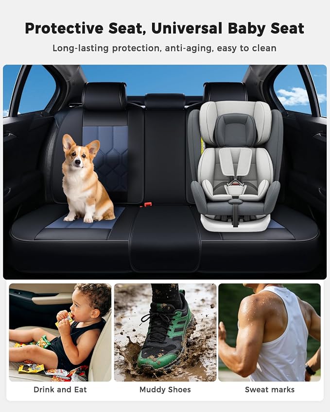 Huidasource Car Seat Covers, Universal Fit for Cars SUV Trucks, Black&Blue | Full Coverage Leather Seat Cover, Airbag, Cupholder Compatible, Seat Function Retain, Easy Install with Velcro