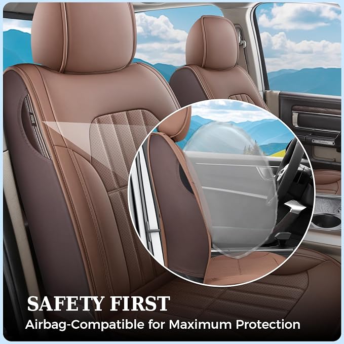 Truckiipa Seat Covers for Dodge Ram 1500 Full Set, Full Coverage Waterproof Leather Protectors Pickup Truck Accessories, Custom Fit for 2002-2026 Ram 1500 2500 3500 Crew Mega Cab, Brown