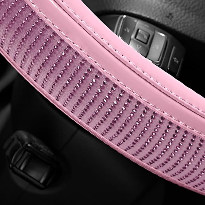 Road Comforts Bling Steering Wheel Cover – Pink Diamond Design, Universal Fit 14.5-15 Inch, Microfiber Leather, Anti-Slip & Breathable Design for Men and Women