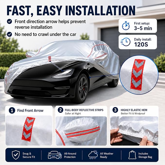 Waterproof All Weather Heavy Duty Vehicle Cover, 360° Underbody Wrap Windproof Design, Quick Install Outdoor Cover,（for Tesla Model 3 2017-2025）