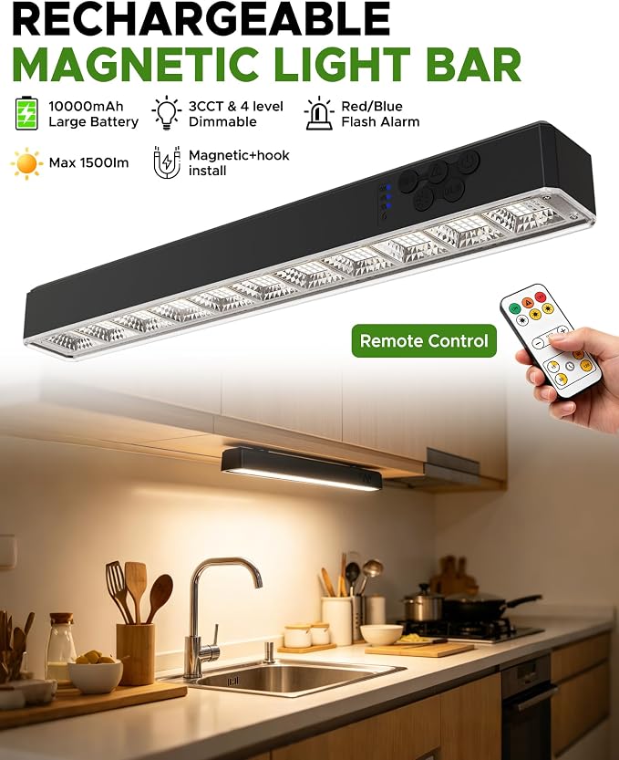 Rechargeable Magnetic Light Bar, 15.8 inch, 1500LM Portable LED Light with 10000mAh Battery, USB-C Charging, Remote Control & Timer, Dimmable & 3 Color Temps, Magnetic Mount, Hook & Battery Display