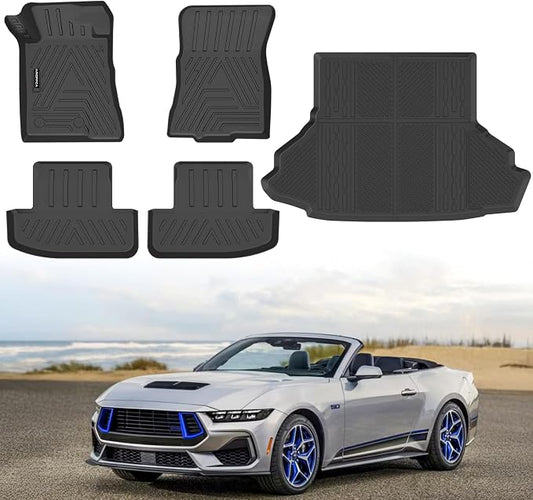 Floor Mats Cargo Liner for Ford Mustang 2015-2025 (NOT for Mach-E) | All Weather TPE Floor Liners Full Set Automotive Mats for 2025 Mustang Accessories