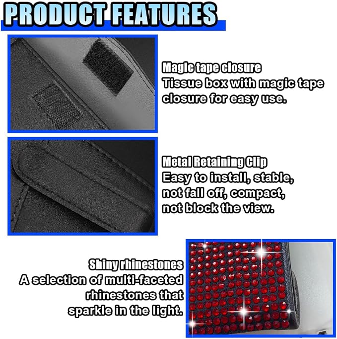 Bling Car Sun Visor Tissue Box Holder, PU Leather Auto Paper Towel Cover, Glitter Crystal Rhinestone Napkin Holder, Car Decoration Accessories for Women (Black/Red)