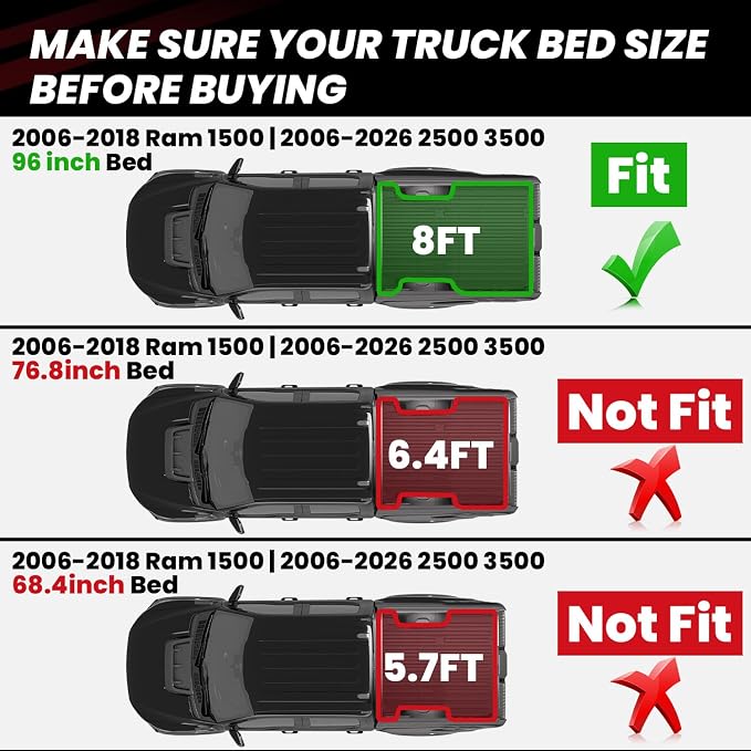 LASFIT 8FT Truck Bed Mat for RAM 1500/2500/3500 2006-2018 | Long Bed (8FT / 98.3inches), Not for 6.4FT/5.7FT, All Weather Custom Fit Truck Cargo Bed Liner, Black