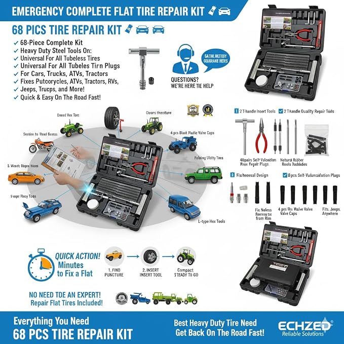 Tire Repair Kit - 68pcs Heavy Duty Tire Plug Kit, Universal Tire Repair Tools to Fix Punctures and Plug Flats Patch Kit for Car, Motorcycle, Tractor, SUV, Truck, Tire Puncture Repair Kit