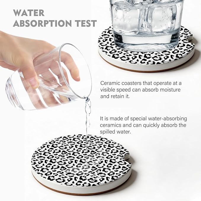 2 Pack Car Coasters for Cup Holders, Absorbent Ceramic Cup Coaster with Cork Base and Finger Notch, Cute Car Accessories Interior for Women Men (Leopard-White)
