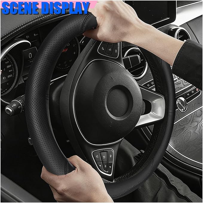 Craedli Nappa Leather Car Steering Wheel Cover, Breathable Non-Slip Automotive Steering Wheel Protector Universal Fit 14.5-15 Inch, Car Interior Decoration Accessories for Trucks, SUVs (Black)