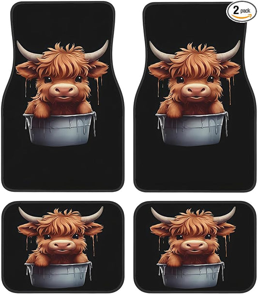 Universal Fit Car Floor Mats Set of 4Pcs, Highland Cow Print All-Weather Front Rear Car Carpet Mats, Non-Slip Car Floor Mat Car Accessories for Automotive Trucks SUV Sedans Vans
