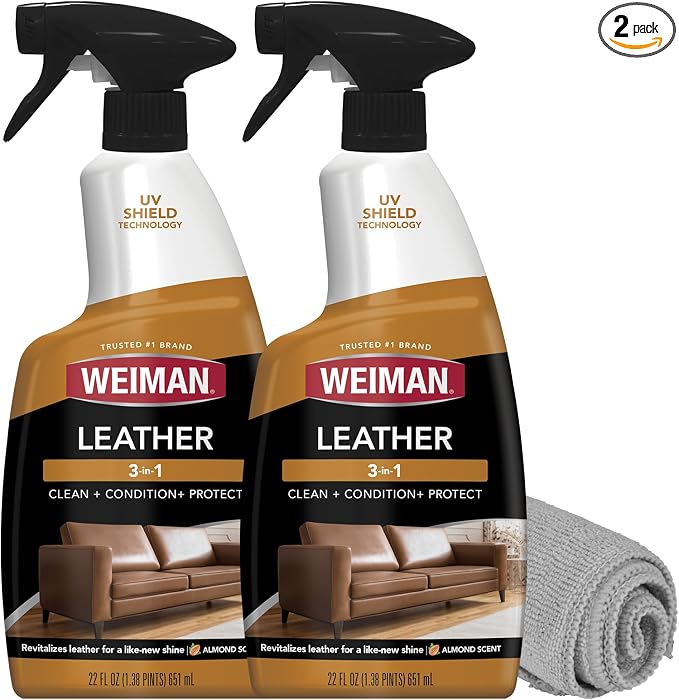Weiman Leather Cleaner & Conditioner - Cleans, Restores & Protects Leather, UV Protection Prevent Cracking & Fading, For Car Seats, Sofas, Shoes, Bags & All Finished Leather Surfaces, 2 Pack, 22 FL Oz