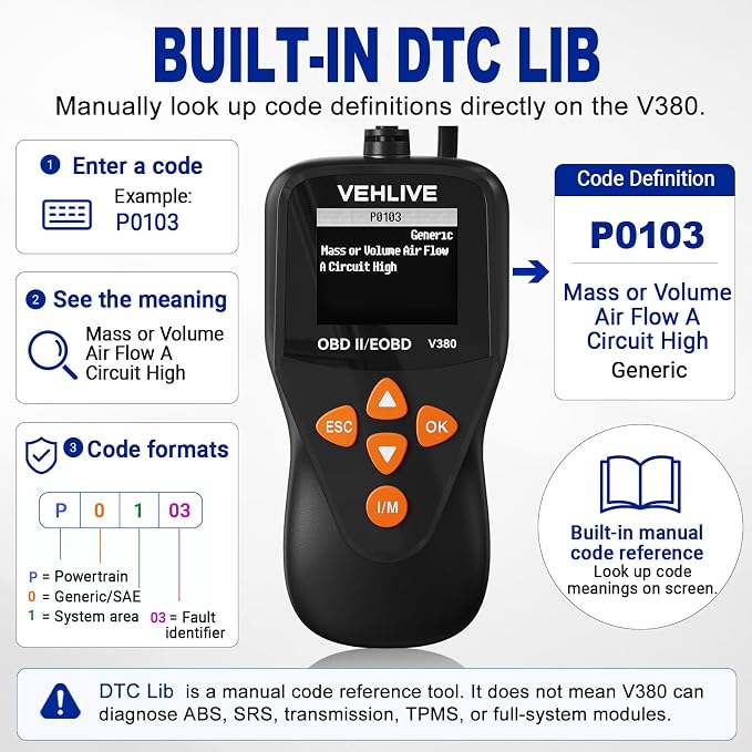 V380 Color OBD2 Scanner Diagnostic Tool, Car Code Reader for Check Engine Light, Read Codes, DTC Lookup, I/M Readiness, Live Data, Battery Voltage Check for 1996+ Gas Cars