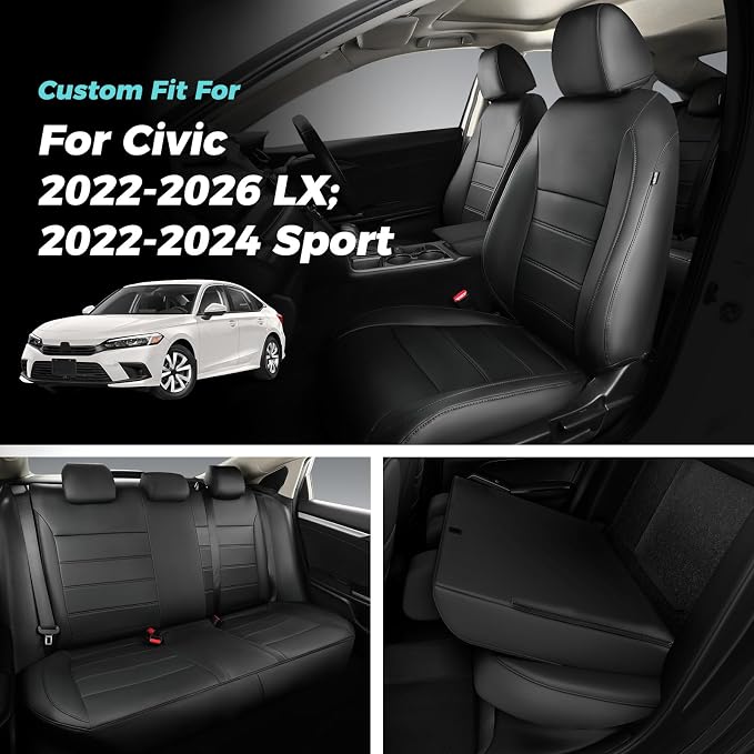 Seat Covers for Honda Civic Sedan Sport 2022 2023 2024 & LX 2022-2026, Custom Faux Leather Car Seats Cover Full Set Waterproof - Black (Solid Rear Seatback - NO Rear Armrest)
