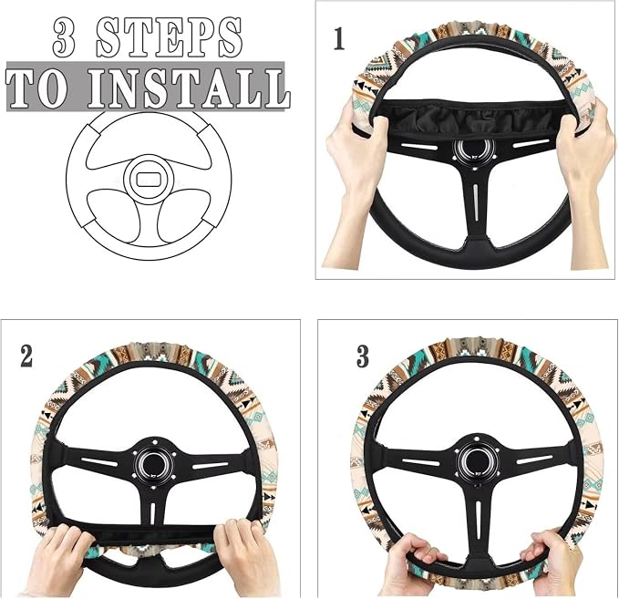 Wanyint Southwest Aztec Beige Blue Car Steering Wheel Cover Universal 15 Inch Auto Accessories Car Interior Decoration for Women Men Fit SUV Sedans Vans Trucks