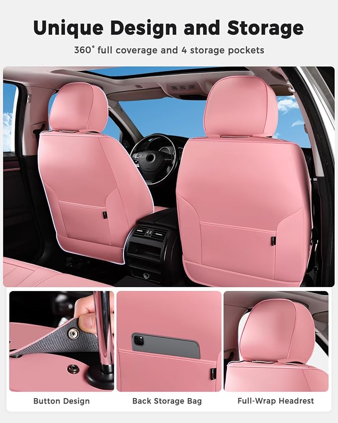 Huidasource Seat Covers Full Set, Universal Fit for Cars SUVs Trucks, Pink | Full Coverage Leather Car Seat Cover, Airbag, Cupholder Compatible, Seat Function Retain, Velcro Adjustable