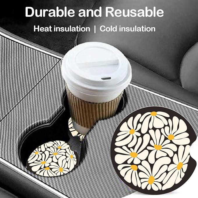 Ceramic Car Coasters – Absorbent Car Cup Holder Coaster Set for Women, Cute Aesthetic Car Accessories for Girls, 2 Pack (Raven)