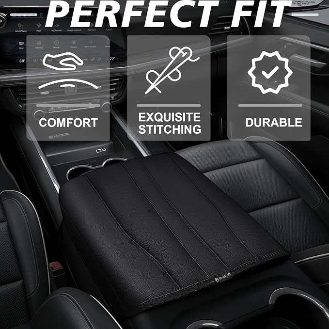 Muslogy Center Console Armrest Cover Fit for Chevy Silverado GMC Sierra 2019-2026, GMC Yukon & Chevy Tahoe & Suburban 2021-2026 Accessories, Armrest Pad Console Lid Cushion Vegan Leather Regular Thick