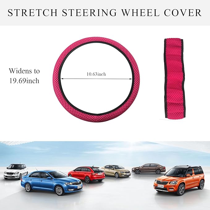 Yourkar Elastic Steering Wheel Cover, 15"×15" Comfy Breathable Stretch Steering Wheel Protector, Ice-Silk Cloth Polyester Steering Wheel Cover for Men Women, Car Accessories (Rose Red)