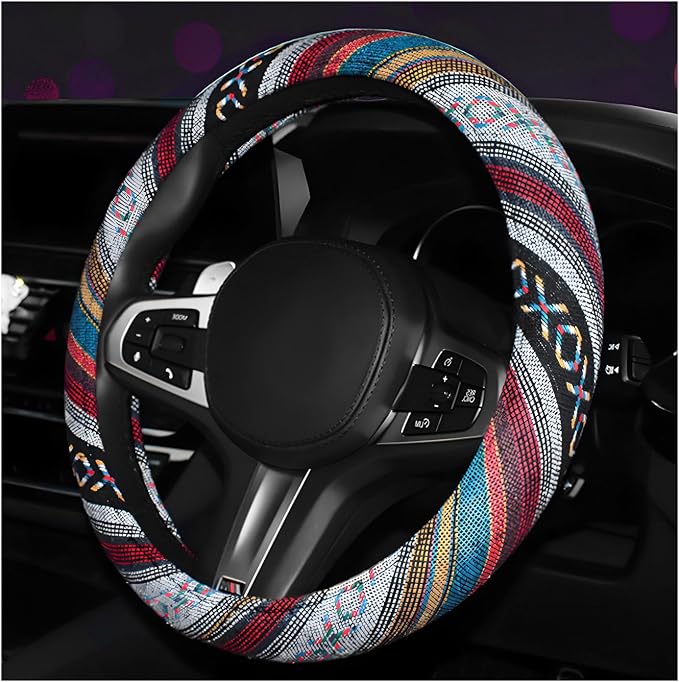 Boho Steering Wheel Cover, Anti-Slip Coarse Flax Cloth Ethnic Style Auto Wheel Cover, Breathable Boho Auto Steering Wheel Protector for Women Men, Car Accessories (Style D)