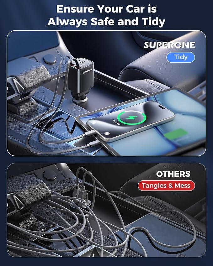 SUPERONE Retractable USB C Car Charger, Phone Car Charger Fast Charging with Dual Type C Cable, Car Accessories Small USBC Car Adapter | Phone Car Charger Fast Charging, Car Accessories Small USBC Car Adapter, for iPhone 17/16/15/14/13/12