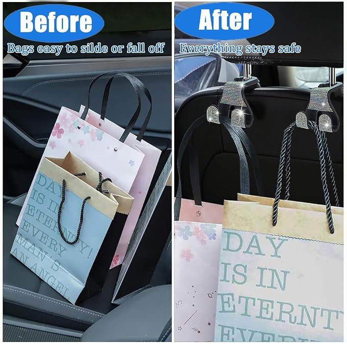 Bling Car Purse Hooks 2Pcs, Rhinestones Car Headrest Hook Backseat | Double Hooks,Holds 44Lbs,Wide Opening,Durable Nylon,Car Seat Hook,Purse Holder,Bling Car Accessories for Women,AB