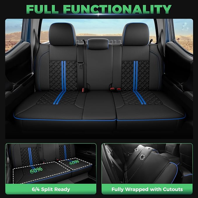 Custom Seat Covers for Tacoma 2016-2023 3rd Gen Double Cab SR5/TRD Off-Road/SR/TRD Sport/TRD PRO Full Set with Console Covers, Waterproof Leather Back and Front Seat Protectors Black Blue