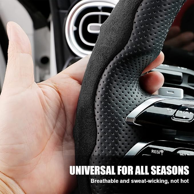 Car Steering Wheel Cover, Microfiber Suede Leather and Carbon Fiber Double Sided Design, Warm in Winter and Cool in Summer, Breathable Non Slip Segmented Protector for Most Cars (Turn Fur/Black)