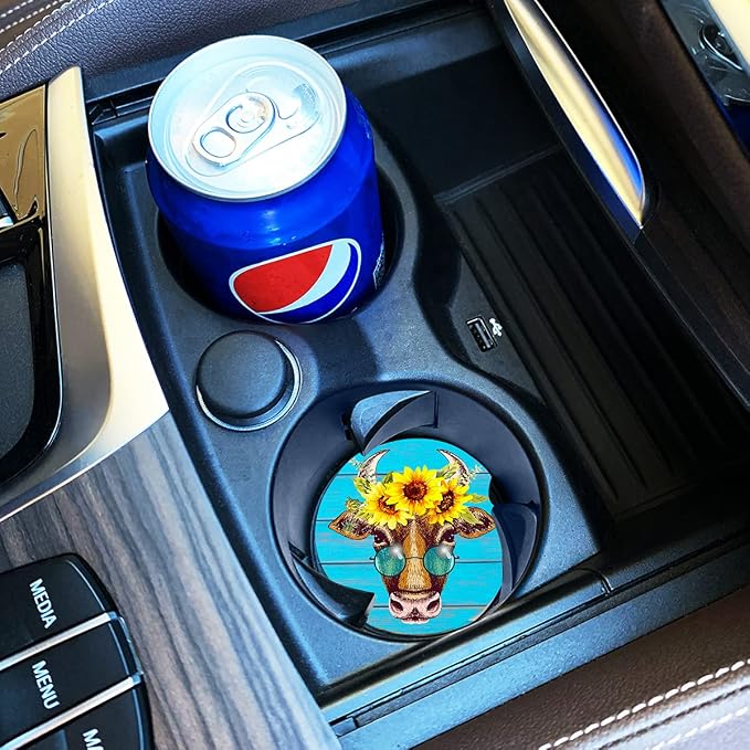 Car Coasters Pack of 2, Fun Sunflower Cow Design Absorb Condensation for Protect The Car Cup Holder and Keep Your car Clean, Small 2.56" Diameter, Easy Removal of Auto Cupholder（Blue Cow）
