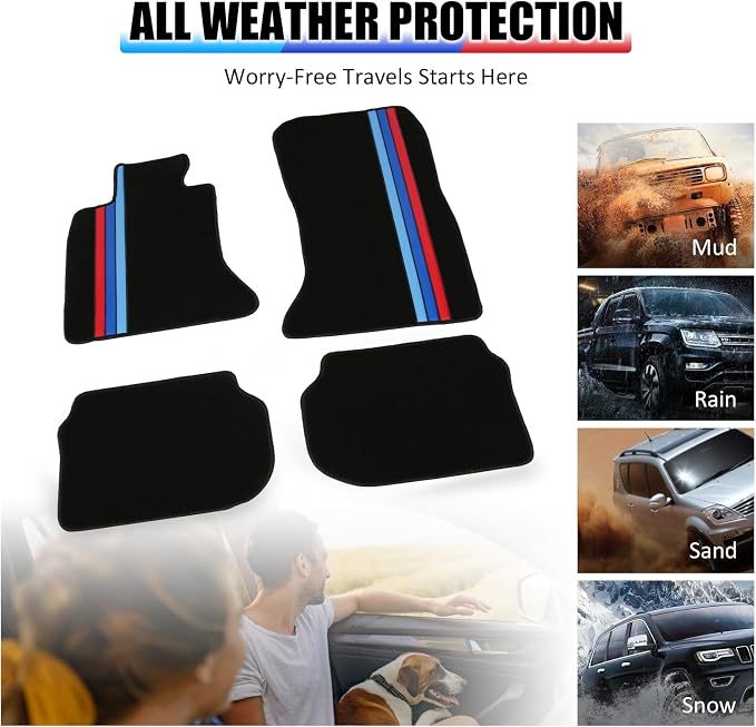 Fit 2011-2016 BMW F10 5-Series Floor Mat Nylon Black with 3 Colors Stripes | IKON MOTORSPORTS, Front & Rear Factory M Color Stripe Car Floor Carpets Carpet liner 2012 2013 2014 2015