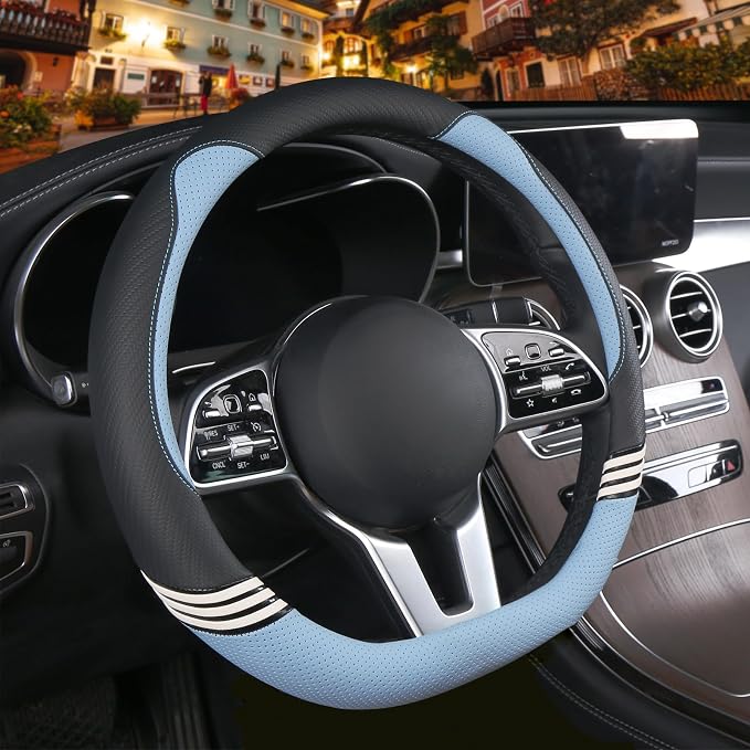 14 inch Cute Leather D Shape Steering Wheel Cover Black Blue | Breathable Faux Leather and Carbon Fiber Flat Bottom Car Accessories for Women Men Small 13.5 inch to 14 inch
