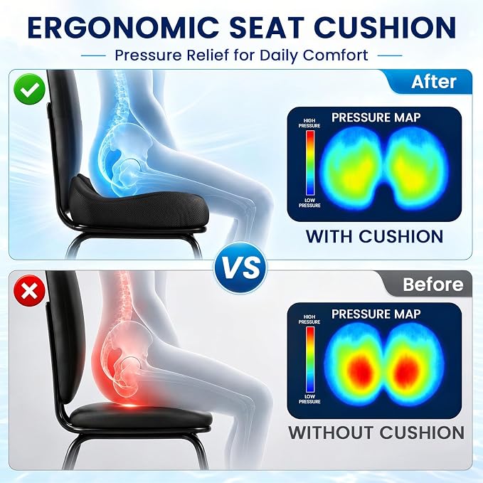 CJACSOC Seat Cushion, Extra Large Memory Foam Cushion for Office Chair Cushions, Ergonomic Cushions Pad Pillow for Pressure Relief Sciatica & Pain Relief for Long Sitting