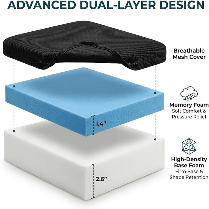 Bariatric Seat Cushion for Heavy People, 19x17x3 Inch, Memory Foam, Removable Washable Cover, Wheelchair & Mobility Scooter Pad (Medium)