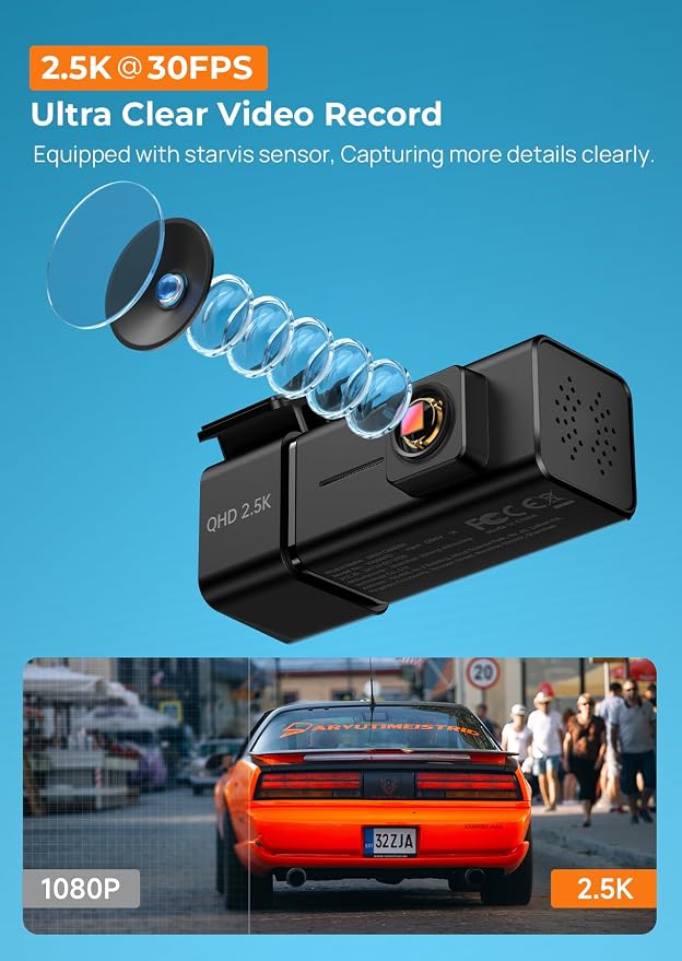 Dash Cam Front Camera for Cars, 2.5K WiFi Dash Cam, 1.47" Screen, 256GB Max | App Control, 160° Lens, Night Vision, G-Sensor, Smart Voice, Loop Recording, 24H Parking, Simple Setup, SD Card Not Included
