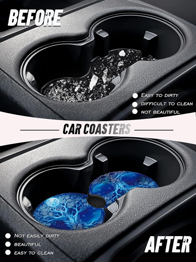 Car Cup Coasters,2 Pack Car Coaster,2.75inch Anti Slip and Absorbent Cars Coasters for Cup Holders,Car Accessories for Women,Cute Decor for Women (Blue Fantasy Tree)