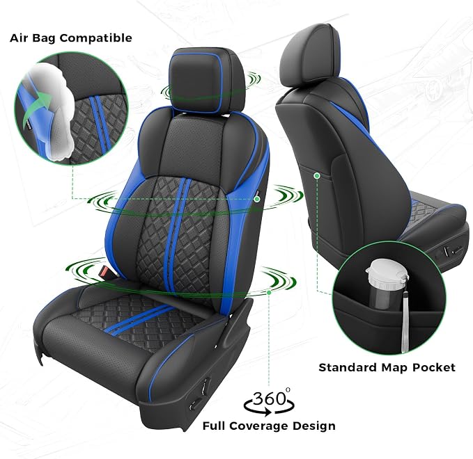 Custom Seat Covers for Tacoma 4th Gen 2024 2025 2026 Double Cab SR5/TRD Sport/TRD Off-Road/SR Full Set with Console Covers, Waterproof Leather Back and Front Seat Protectors Black Blue